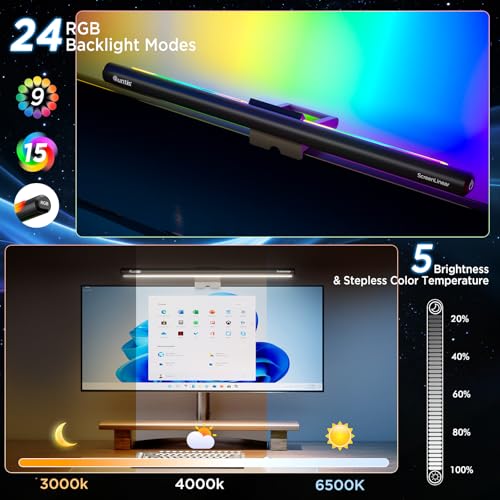 Quntis Monitor Light Bar 15.7", 24 RGB Backlight Modes for lmmersive Gaming Ambience, 900 Lux Glare-Free Computer Screen Lamp, High CRI 95 Eye Care Desk Light for Home Office - style: RGB Backlight