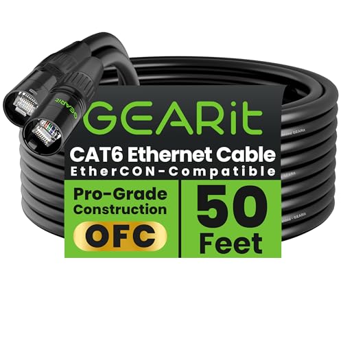 GEARit Shielded CAT6 Ethercon Cable (50 Feet) Professional Audio & Lighting RJ45 EtherCON-Compatible Cable for Studio, Stage, Concerts - 50ft Black - color: Black, size: 50 Feet