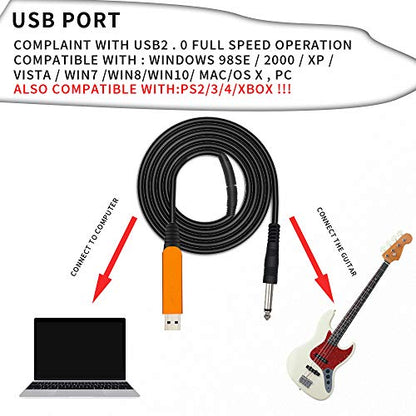 USB Guitar Cable 10Ft, USB Guitar Interface Male to 6.35mm 1/4 inch Gold-Plated TS Mono Plug,Recording Cable Compatible with PC, Mac, Xbox, PS4, PS3,PS2 - color: Black 2