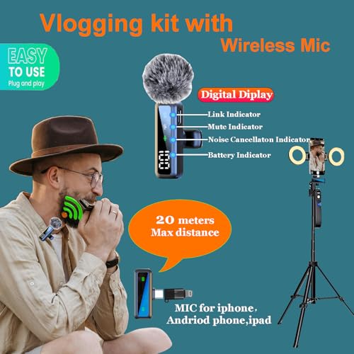 70.9” Auto Face Tracking Tripod for iPhone Anriod Phone,Vlogging Kit | Content creator essentials,with light , 360 rotatable tripod, with wireless microphone and remote - style: With T20 Mic