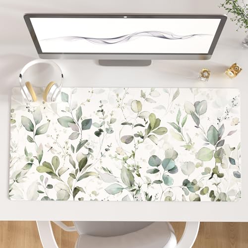 QIYI Large Mouse Pad, Extended Desk Mat for Desktop, PU Leather Waterproof Gaming Mousepad, Computer Desk Accessories Protector Writing Pads for School Office Home 31.5" x 15.7" - Soft Green Foliage - color: Soft Green Foliage, size: 31.5" x 15.7"