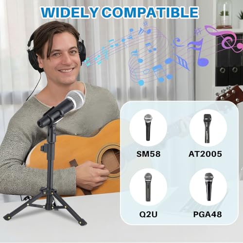Relaxweex 4 Set Desktop Mic Stand Portable Foldable Adjustable Tabletop Microphone Stand Microphone Tripod with Mic Clip, Storage Bag and 5/8" Male to 3/8" Female Screw(Stylish,10.63''-15.35'')