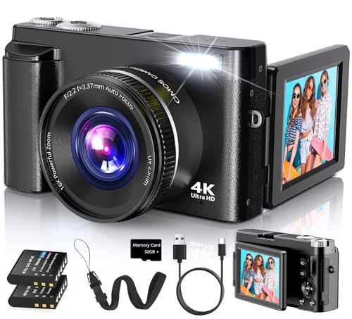 Duluvulu 4K Digital Camera for Photography Autofocus, 2026 Latest 48MP Vlogging Camera for YouTube with SD Card, 2 Batteries, 3" 180°Flip Screen Compact Travel Camera for Teens with 16X Zoom,Black - color: Black