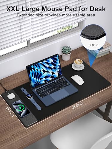 TopMade Mouse Pad with 15W Fast Wireless Charging, 35.43"x15.75" XXXL Large Gaming Waterproof Desk Pad with Ultra-Smooth Surface, Non-Slip Base, Classic Black Computer Desk Mat for MacBook, PC, Laptop - color: Black-35.4"x15.8"