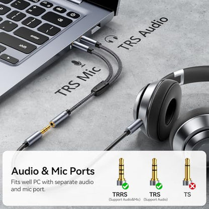 SAMZHE Headphone Splitter for Computer 3.5mm Female to 2 Dual 3.5mm Male Braided Audio Splitter Cable Microphone Stereo Jack Earphones Port Cord Gaming Headset to PC Laptop Adapter Black