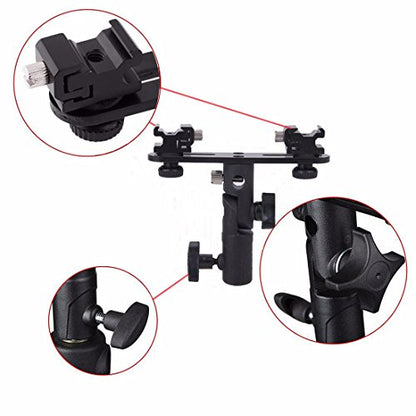 EXMAX E2 Adjustable Double Flash Bracket Dual Hot Shoe Speedlight Stand Umbrella Holder Light Stand Bracket Mount 1/4" to 3/8'' for Studio Video DSLR Camera