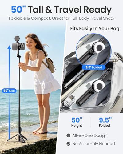 UBeesize Magnetic Selfie Stick Tripod with Dimmable Light and Rechargeable Remote, Portable Travel Phone Tripod Stand for MagSafe and Android Phones, Ideal for Vlogging, Photos, Video Recording - size: 50-in