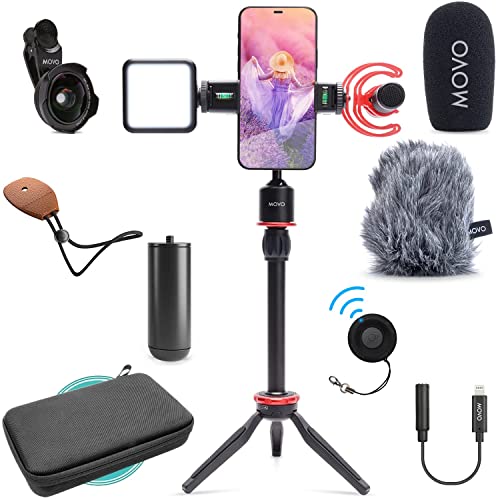 Movo iVlog1 Vlogging Kit - iPhone Lightning Compatible YouTube Starter Kit - Shotgun Microphone, Mini Tripod, LED Light, Wide-Angle Lens, Lightning Adapter