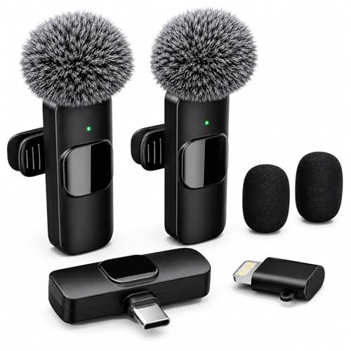 Wireless Lavalier Microphone for iPhone Android, 2Pcs Mini Mic, Plug & Play | Noise Cancelling, 64dB Adaptive, 0.35oz Featherweight, 65ft Range, 6H Battery, for Content Creators Vlogging, YouTube, TikTok
