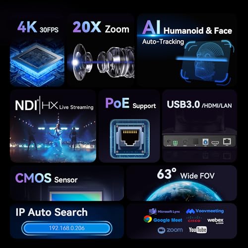 Tenveo 4K NDI PTZ Camera AI Humanoid & Face Auto-Tracking, HDMI/LAN/USB3.0 PoE PTZ Camera 20X Optical Zoom IP Live Streaming, for Church Services Worship Video Conference Live Streaming YouTube OBS - color: Matte Black