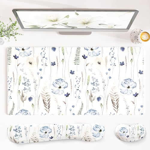 QIYI Leather Desk Mat Set, 4-in-1 Large Mouse Pad with Ergonomic Wrist Rest, Waterproof Desk Pad + Keyboard Wrist Rest + Mouse Wrist Support + Coaster, Non-Slip Office Gaming Accessories, Wildflowers - color: Watercolor Wildflowers