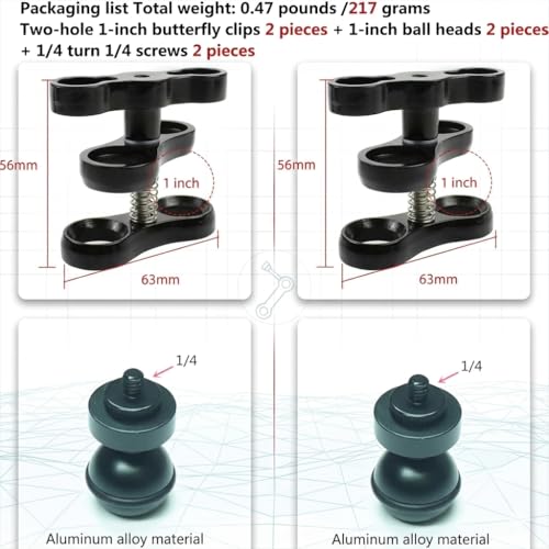 2Pack 1" Ball Clamp for Underwater Camera Tray, Aluminum Diving Light Mount Butterfly Clip, 360° Adjustable Ball Head Adapter for Scuba Flash, Action Camera, Extension Arm (Include 2 Adapters)
