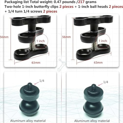 2Pack 1" Ball Clamp for Underwater Camera Tray, Aluminum Diving Light Mount Butterfly Clip, 360° Adjustable Ball Head Adapter for Scuba Flash, Action Camera, Extension Arm (Include 2 Adapters)