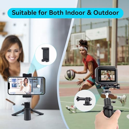 Mini Tripod with 360°Ball Head & Phone Mount, Portable Travel Tabletop Tripod, Selfie Stick Handle Grip with 1/4" Screw, Mini Vlog Tri pod for D Jl Pocket 3/Go Pro 13/iPhone/Android (SJ015)