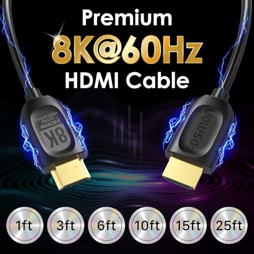 Fosmon 8K HDMI Cable 25 FT Long Ultra High Speed HDMI 2.1 Cord 48Gbps 8K@60Hz 4K@120Hz Compatible with TV UHD HDTV Streaming Laptop PC Monitor Projector Blu-ray PS5 Xbox Gaming, Support eARC HDR HDCP - size: 25FT, style: 8K