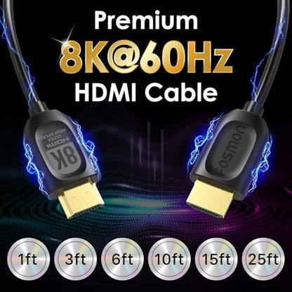 Fosmon 8K HDMI Cable 25 FT Long Ultra High Speed HDMI 2.1 Cord 48Gbps 8K@60Hz 4K@120Hz Compatible with TV UHD HDTV Streaming Laptop PC Monitor Projector Blu-ray PS5 Xbox Gaming, Support eARC HDR HDCP - size: 25FT, style: 8K