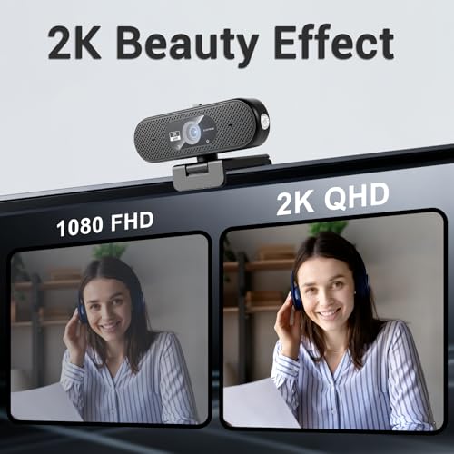 Hprosper 2K Webcam with Microphone, Automatic Light Correction & Privacy Cover, Wide Angle USB Camera for PC, Laptop, Mac, Zoom, Gaming, Streaming, Conference Room, Video Conferencing