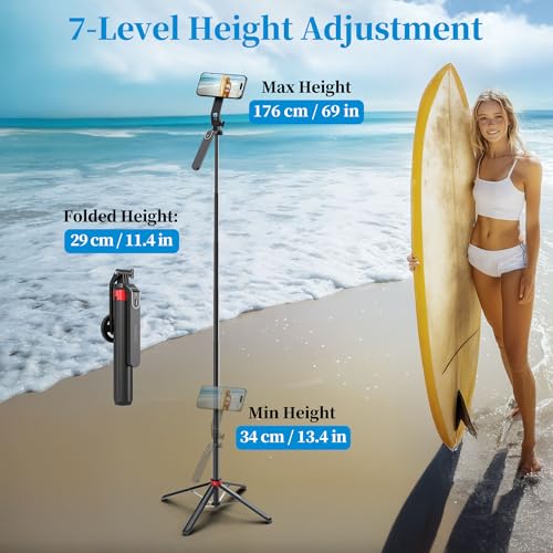 PlusAcc 69” Magnetic Selfie Stick Tripod - Extendable Phone Mount for MagSafe, 360°Rotation Travel Stand with Rechargeable Remote, Compatible with iPhone, Camera, Video Recording - size: 69"