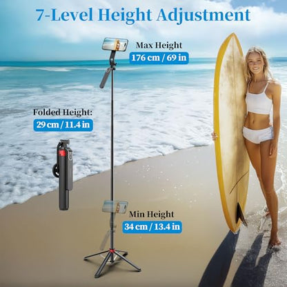 PlusAcc 69” Magnetic Selfie Stick Tripod - Extendable Phone Mount for MagSafe, 360°Rotation Travel Stand with Rechargeable Remote, Compatible with iPhone, Camera, Video Recording - size: 69"