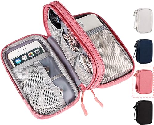 CAOODKDK Electronic Organizer Travel USB Cable Accessories Bag/Case,Waterproof for Power Bank,Charging Cords,Chargers,Mouse,Earphones Flash Drive - color: Double Layer - Pink