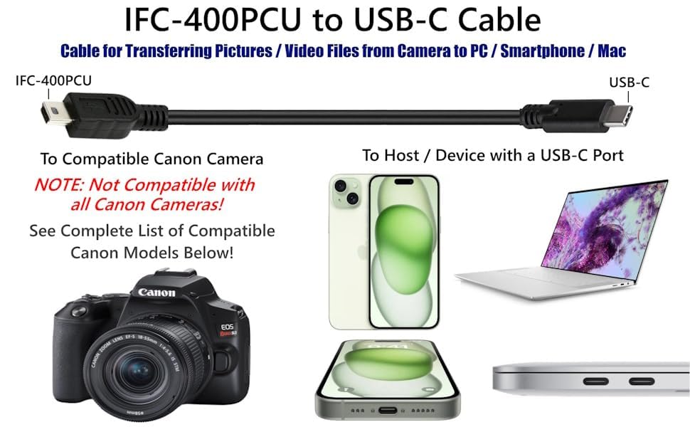 3FT USB-C to Mini-B Data Transfer Cable for Canon EOS Rebel T3 T3i T4i T5 T5i T6 T6i T6s T7i, Powershot ELPH 360 HS Compatible with Mac, PC, iPhone 16-17 with USBC Port (Read Details Before Buying)