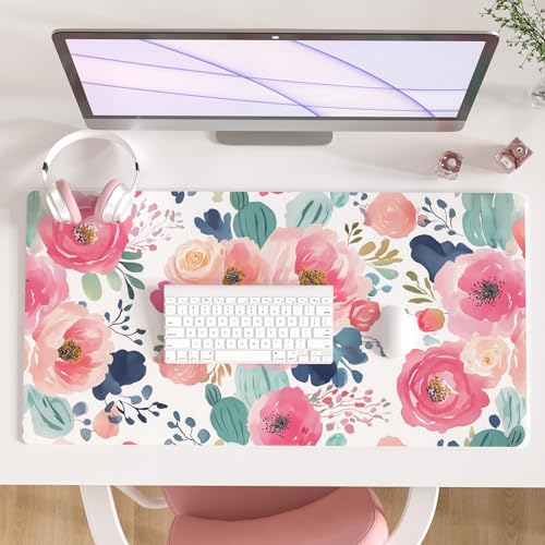 Colorful Star Large Mouse Pad, Pink Floral Desk Mat for Desktop, Women Girls Flowers PU Leather Waterproof Desk Pad, Computer PC Laptop Protector Gaming Mouse Pads for School Office Home 31.5" x 15.7" - color: Watercolor Pink Flower, size: 31.5L x 15.7W i