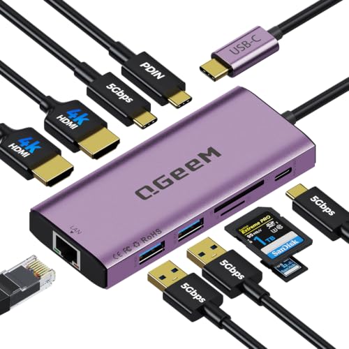 USB C Hub,10 in 1 Laptop Docking Station 2x4K@60Hz,Type-C Multiport Adapter with Dual HDMI,PD100W,5Gbps Data Ports,Extender Splitter,Card Reader,Ethernet Dock for Mac/Dell/HP/Surface/Steam Deck - color: Purple