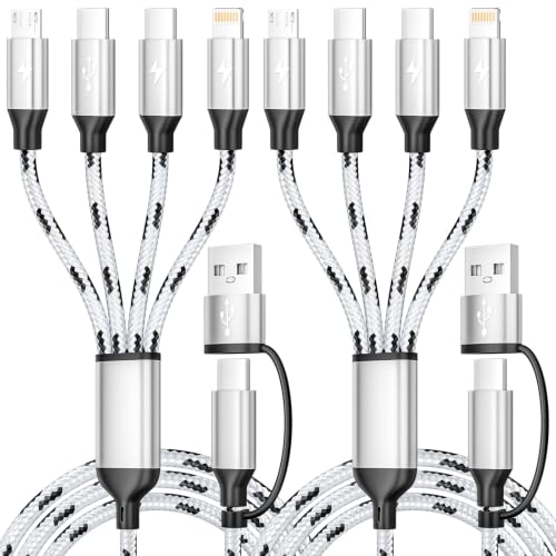 Multi Charging Cable 5FT, 4 in 1 Charging Cables for Multiple Devices White | Universal Phone Charger Cord, Nylon Braided Charger Cable, USB A/C to Type-C/Micro USB/IP for Phone 17-8/Android/iPad/Car/PS - color: White, size: 2Pack 5FT