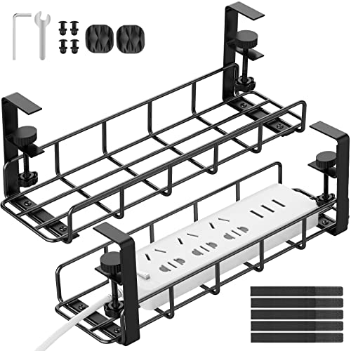 Under Desk Cable Management Tray, 31.5'' No Drill Heavy Duty Steel Cable Tray Organizers, Wire Management Tray Cable Rack with Clamp Mount, Adjustable Metal Under Desk Tray (Black, 2 Pack) - color: Black, size: 2 Pack