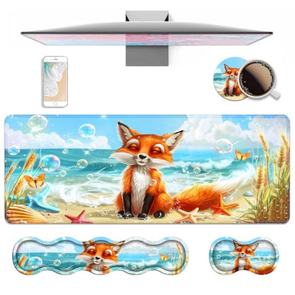 4 in 1 Ergonomic Keyboard Wrist Rest & Mouse Pad Wrist Rest Set, Large XXL Gaming Desk Mat 31.5"x 11.8" with Non-Slip Base, Memory Foam for Home Office Study Gaming, Fox - color: Fox