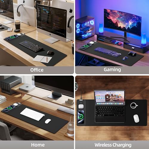 Mouse Pad with Wireless Charging, Gaming Mouse Pad with Ultra-Smooth Surface, Large XXL Desk Mat, Non-Slip Mouse Mat, Waterproof Computer Keyboard Pad for Gaming, Desk, Office, PC, 800x300x4MM, Black - color: Black - 31.5"x11.8"