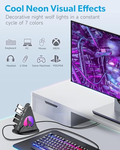 USB Hub 3.0, 7-Port USB Hub with RGB Night Light and Base, Vertical USB a Splitter for Desktop,Laptop, MacBook, Xbox, PS4/5, Game Console, Flash Drive, XPS, PC, Printer, Camera, Keyboard - color: Black