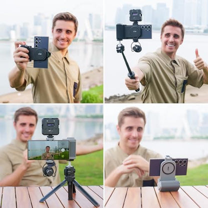 Phone Camera Grip with Remote Control for Smartphones Vlog Shooting | silicone anti-slip grip, detachable remote, dual cold shoe slots, 1/4" tripod thread, design for vlog video shooting - color: Clip on Phone Camera Grip Black