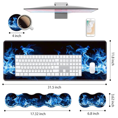 4 in 1 Ergonomic Keyboard Wrist Rest & Mouse Pad Wrist Rest Set, Large XXL Gaming Desk Mat 31.5"x 11.8" with Non-Slip Base, Memory Foam for Home Office Study Gaming, Blue Flame - color: Blue Flame