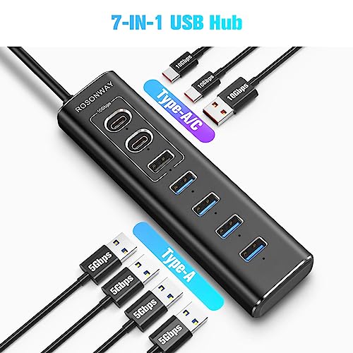 Powered USB Hub, Rosonway 7-Port USB 3.2/USB C Hub with 10Gbps USB-A 3.2, 2 USB-C 3.2, 4 USB 3.0 Ports, Individual Switches and 12V Power Adapter, Aluminum USB Port Expander for Laptop/PC, RSH-A107C - size: 7-Port Powered USB 3.2+USB 3.0 Hub