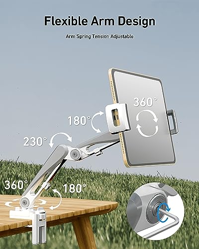 ergounion Aluminum Tablet Stand, Adjustable iPad Mount with 360° Rotate, Tablet Holder for Desk/Headboard for Recording/Filming, Fits 4-13" Phones and Tablets