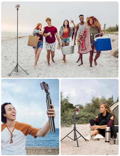 Pnitri 71'' Phone Tripod Stand, Extendable Reinforced Aluminum Phone Stand with Wireless Remote, Stable Cellphone Tripod (210cm-Black) - style: 86'' Black