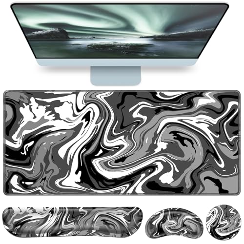 Desk Mat Black, Large Gaming Mouse Pad with Wrist Rest, 4in1 XXL Mousepad+Keyboard Wrist Rest+Mouse Pad Wrist Support+Cup Coaster Set Ergonomic Computer Desk Arm Wrist for Decor Home Office Women - color: Black Gray Fluid