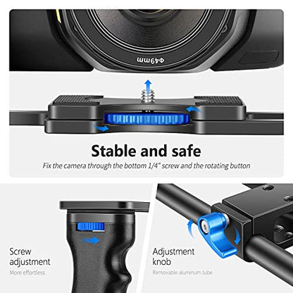NEEWER Camera Video Cage Film Movie Making Kit, Aluminum Alloy with Top Handle, Dual Hand Grip, Two 15mm Rods, Compatible with Canon Sony Fujifilm Nikon DSLR Camera and Camcorder (Black + Blue) - style: CG-MF Blue
