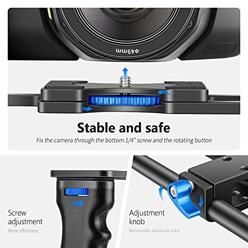 NEEWER Camera Video Cage Film Movie Making Kit, Aluminum Alloy with Top Handle, Dual Hand Grip, Two 15mm Rods, Compatible with Canon Sony Fujifilm Nikon DSLR Camera and Camcorder (Black + Blue) - style: CG-MF Blue