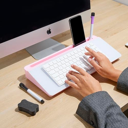 GAROOD Desktop Dry Erase Board with Storage (Pink Base) Desk White Board Desk Board Glass Desktop White Board with Stand Home Office Organizer Phone Holder 15.8X7X2 inches - color: Pink Base + Whiteboard