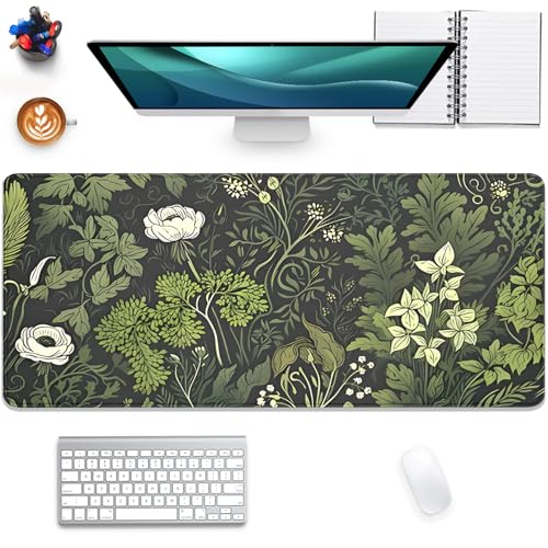 Sage Green Floral and Plant Desk Pad Mouse Pad,Large Gaming Mouse Mat with Stitched Edges,Non-Slip Waterproof Rubber Base Mous Mat for Office Computer Keyboard Laptop Home(27.5X11.8 in) - color: Botanical Art Nouveau