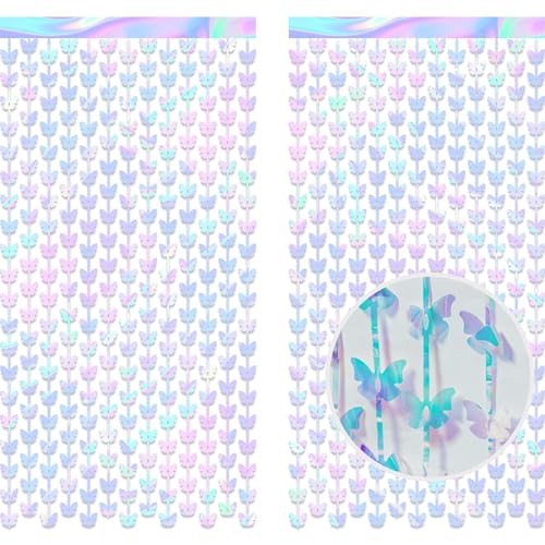 Iridescent Butterfly Fringe Party Backdrop - GREATRIL Fairy Streamers for Butterfly Princess Themed Birthdays Party Decoration - 3.2ft x 6.5ft - 2 Packs - color: Iridescent Butterfly