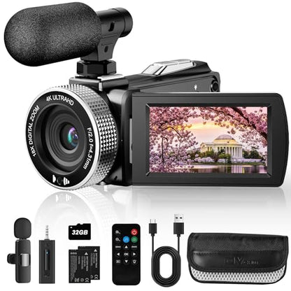 4K Ultra HD Video Camera Camcorder, 48MP Digital Recorder with Wireless Lavalier Microphone, 18X Digital Zoom, Remote Control, 32GB SD Card for Vlogging YouTube Travel