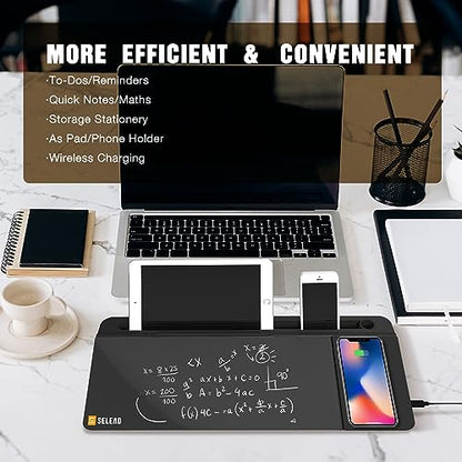 SELEAD Desktop Glass Whiteboard with Wireless Charger Station, Dry Erase Board Computer Pad Keyboard Stand with Organizer Drawer for Home, School, Office Desk Accessories, Black - color: Black Charger