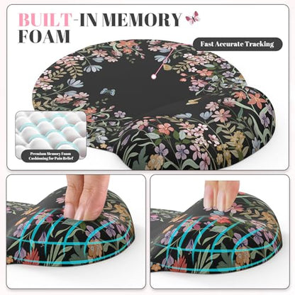 iCasso Desk Mat Set,Large Mouse Pad with Wrist Rest,Ergonomic Keyboard Wrist Support for Women,Girly Floral Computer Mat with Scalloped Edges,Non-Slip Desk Pad Home Office Gaming (Black) - color: Black