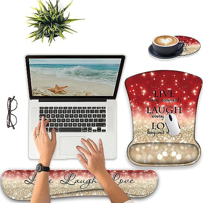 Keyboard Wrist Support + Wrist Mousepad + Coaster Combination, Non-Slip PU Base, with Gel Memory Mousepad, Suitable for Gaming, Office Pain Relief Mousepad Set - Red Glitter Quote ?Live Laugh Love - color: Red Glitter Quote ?Live Laugh Love