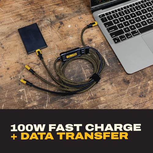 DEWALT 100W Smart USB-C to USB-C Splitter – Data Transfer & Fast Charging, 1-to-3 Output, Kevlar Reinforced, 6ft Heavy-Duty for Laptop, MacBook, iPad, Android, Samsung, iPhone, Works w/Carplay