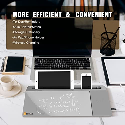 SELEAD Desktop Glass Whiteboard with Wireless Charger Station, Dry Erase White Board Computer Pad Keyboard Stand with Organizer for Home, School, Office Desk Accessories, Gray - color: Grey-wireless Charger