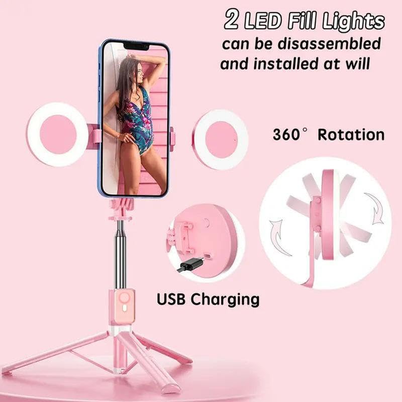 Selfie Stick Tripod with Light and Bluetooth Remote, 67" Extendable Mini Tripod Stand for iPhone Samsung Android, 6 in 1 Wireless Selfie Stick for TikTok YouTube Live Streaming(Pink) - color: Pink